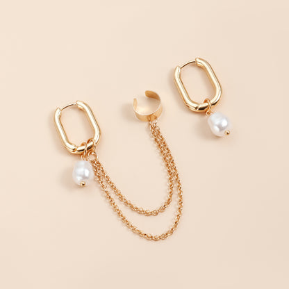 Asymmetrical Pearl Pendant Ear Clip Earrings