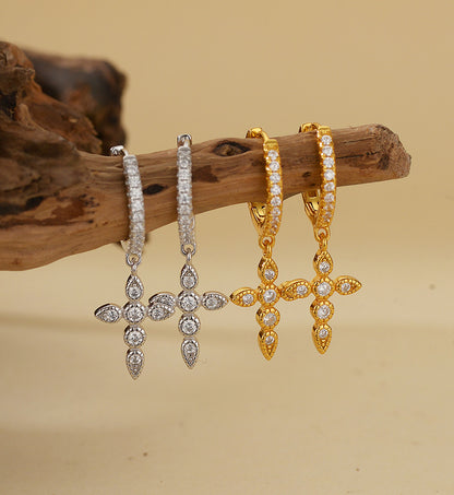 Cross Drop Hoop Earrings
